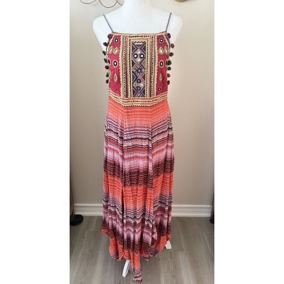Free People Dresses & Skirts - Free People Regina Midi Dress XS Boho Embroidered Mirror Pom Pom Open Back